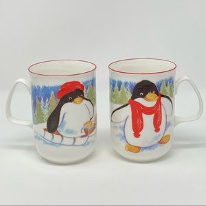 Penguin Mugs Coffee Tea Mugs Adorable Penguins with Sled ~ Rose of England